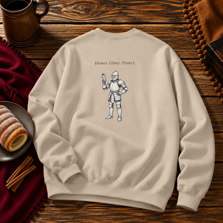 Back of the Sand sweatshirt: an armored knight holding up a chimney cake beneath the words Honor. Glory. Pastry.