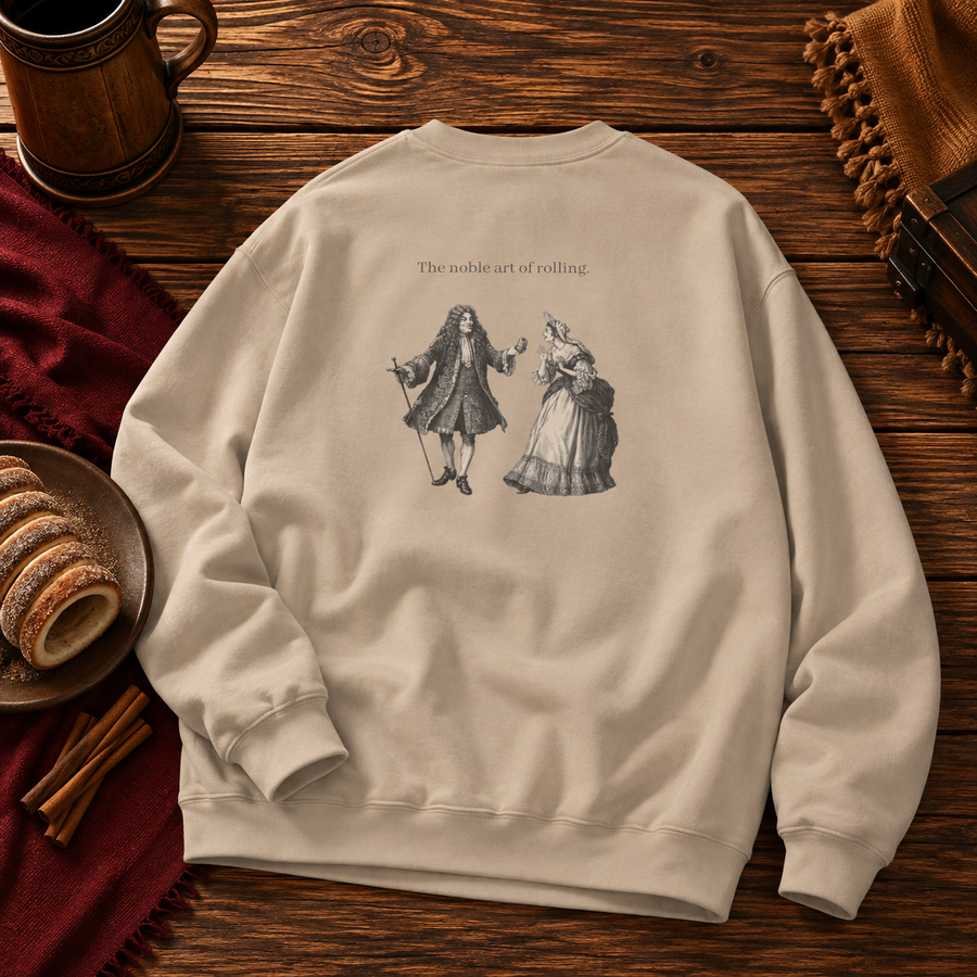 Back of the Sand sweatshirt with the baroque couple illustration and The noble art of rolling in dark print