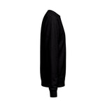 Side view of the black sweatshirt showing the dropped shoulder and ribbed cuff