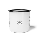 Front view of the white enamel mug with The Chimney Cake logo centred between the knight and the slogan