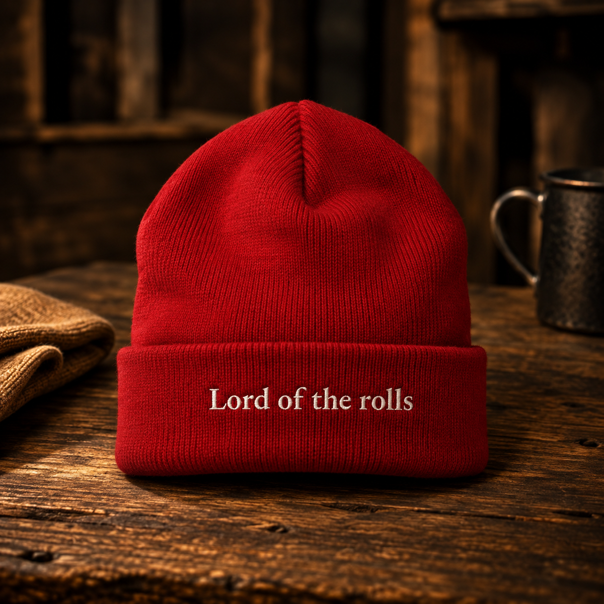 Red cuffed beanie embroidered Lord of the rolls across the cuff