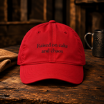 Cranberry red dad cap embroidered Raised on cake and chaos
