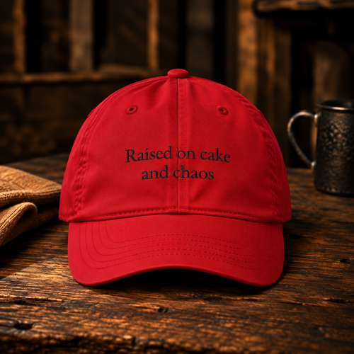 Cranberry red dad cap embroidered Raised on cake and chaos