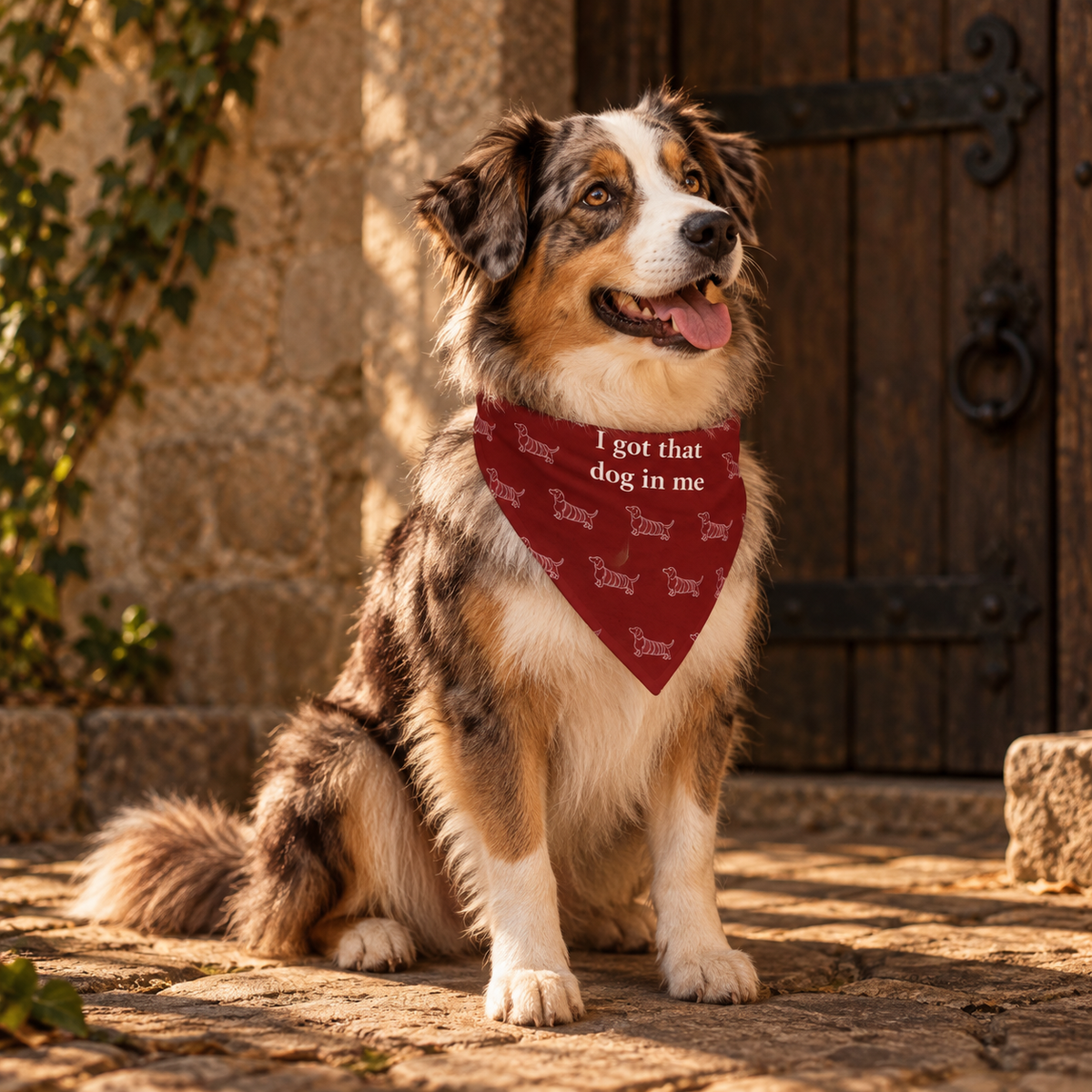 Australian shepherd wearing the deep red dachshund bandana