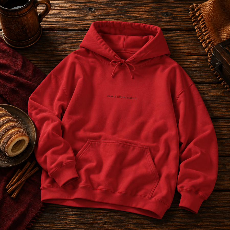 Red hoodie with Bake it till you make it printed small on the chest