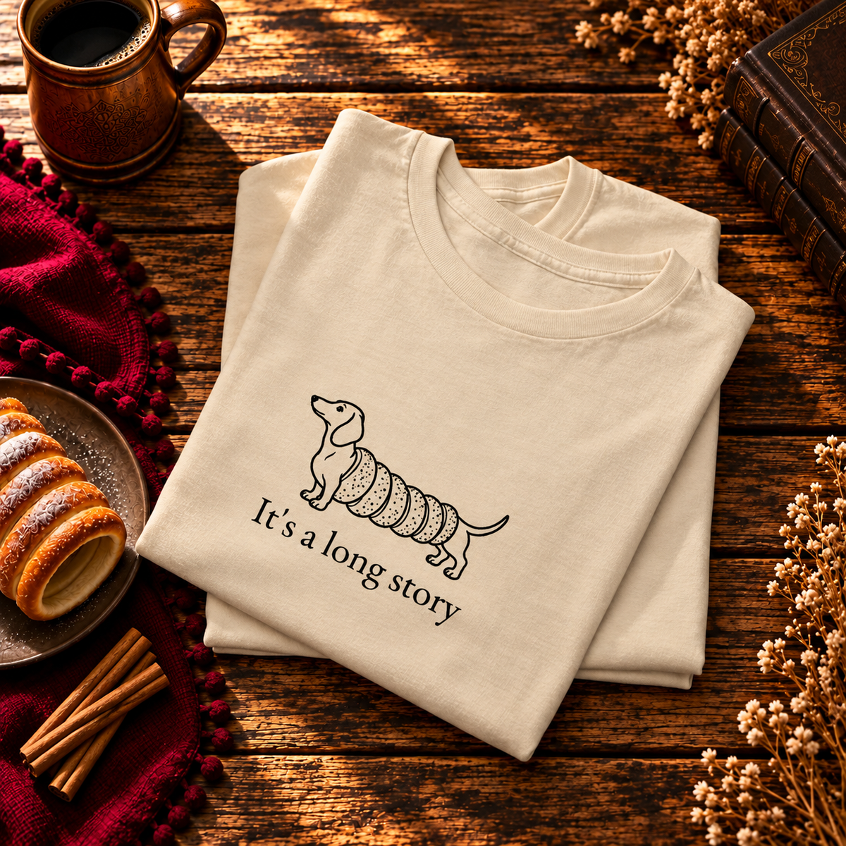Sand tee folded on a wooden table, showing the dachshund chimney cake print and It’s a long story