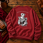 Back of the cherry red sweatshirt with the Renaissance lady and her chimney cake under Noble by birth. Hungry by choice.