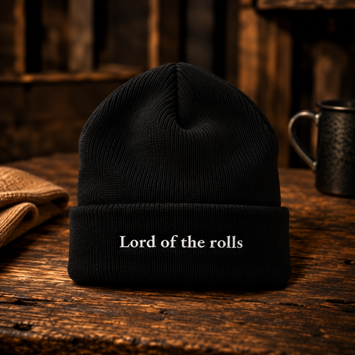 Black cuffed beanie embroidered Lord of the rolls across the cuff