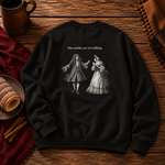 Back of the black crewneck sweatshirt: an engraved baroque gentleman and lady mid-bow beneath the words The noble art of rolling