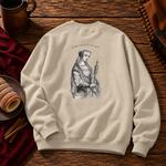 Back of the Sand sweatshirt: a Renaissance lady holding a chimney cake on its spit beneath the words Rollin before it was cool.