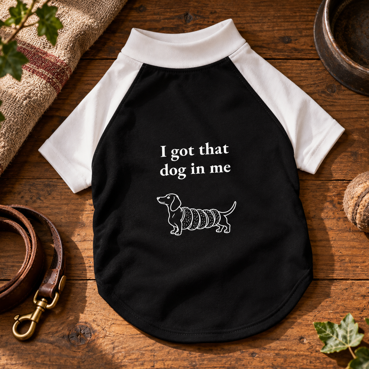 White and black raglan dog shirt laid flat, printed I got that dog in me above a dachshund drawn as a chimney cake