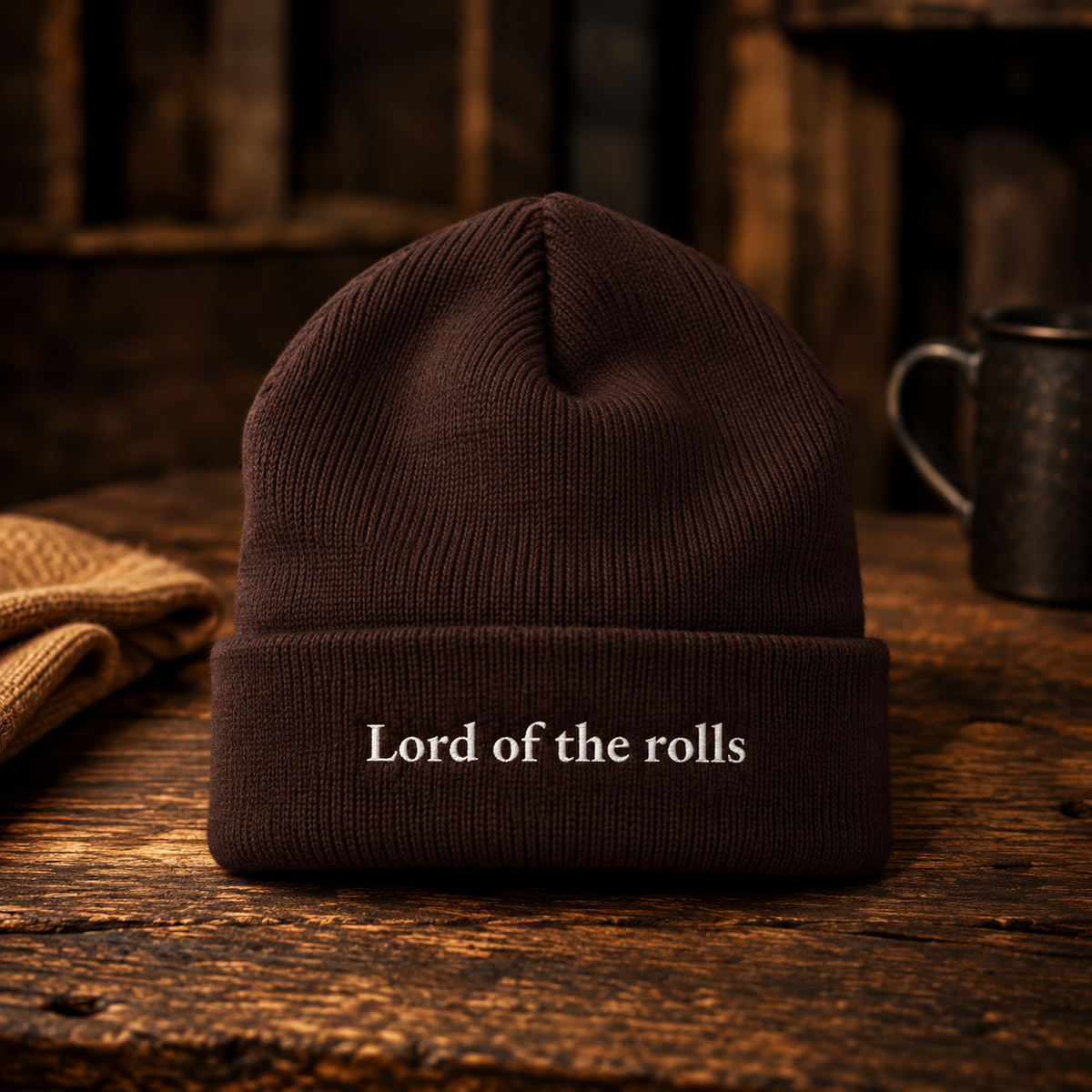 Brown cuffed beanie embroidered Lord of the rolls across the cuff