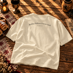 Back of the Creme boxy tee printed Rollin before it was cool, since 15th century