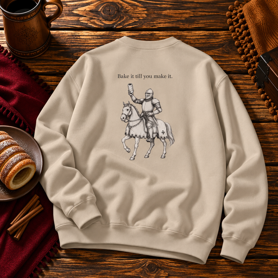 Back of the Sand sweatshirt with the mounted knight and chimney cake under Bake it till you make it.