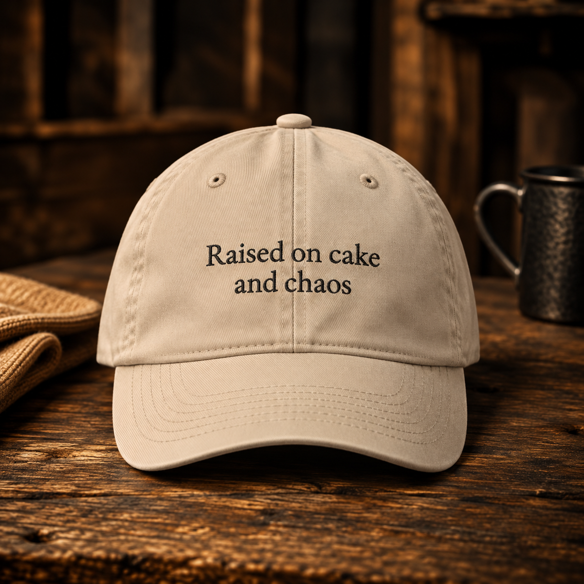 Stone dad cap embroidered Raised on cake and chaos, on a wooden table
