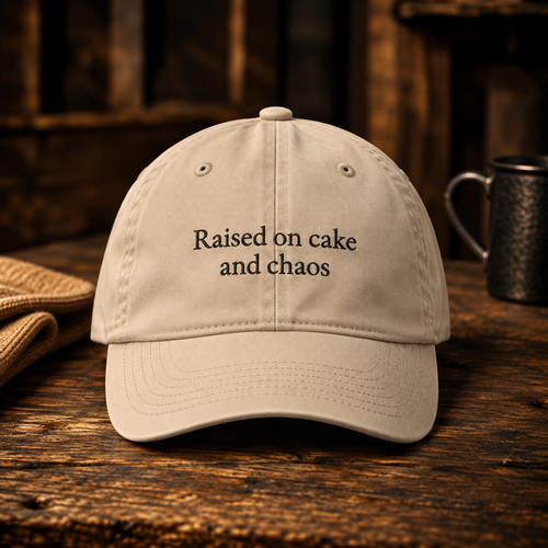 Stone dad cap embroidered Raised on cake and chaos, on a wooden table