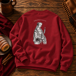 Back of the cherry red sweatshirt with the Renaissance lady and her chimney cake spit under Rollin before it was cool.