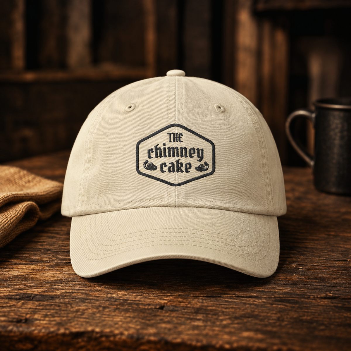 Ivory cotton cap with The Chimney Cake crest embroidered on the front panel
