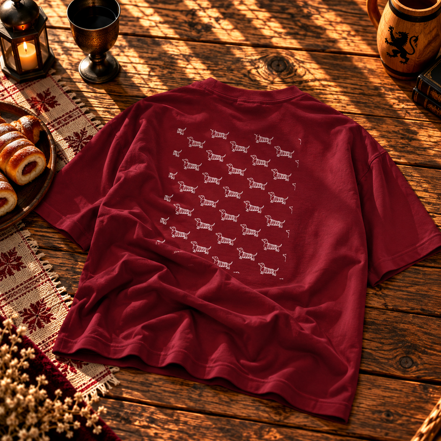Back of the cardinal red kids’ tee covered in a repeating pattern of dachshund chimney cakes