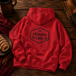 Back of the red hoodie with a large black Chimney Cake crest