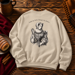 Back of the Sand sweatshirt: a Renaissance lady in a lace ruff holding a chimney cake beneath the words Noble by birth. Hungry by choice.