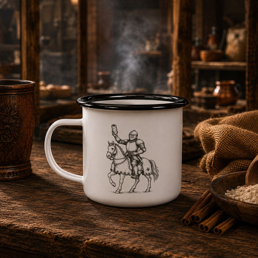 White enamel camp mug with a black rim, printed with an engraved knight on horseback raising a mug, standing on a rustic wooden table