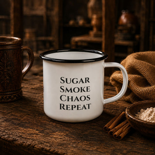 The same enamel mug turned to show the printed words Sugar, Smoke, Chaos, Repeat, beside cinnamon sticks and a wooden bowl