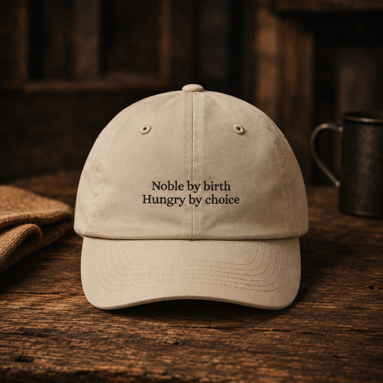 The same cap in Stone, with the Noble by birth, Hungry by choice embroidery in dark thread